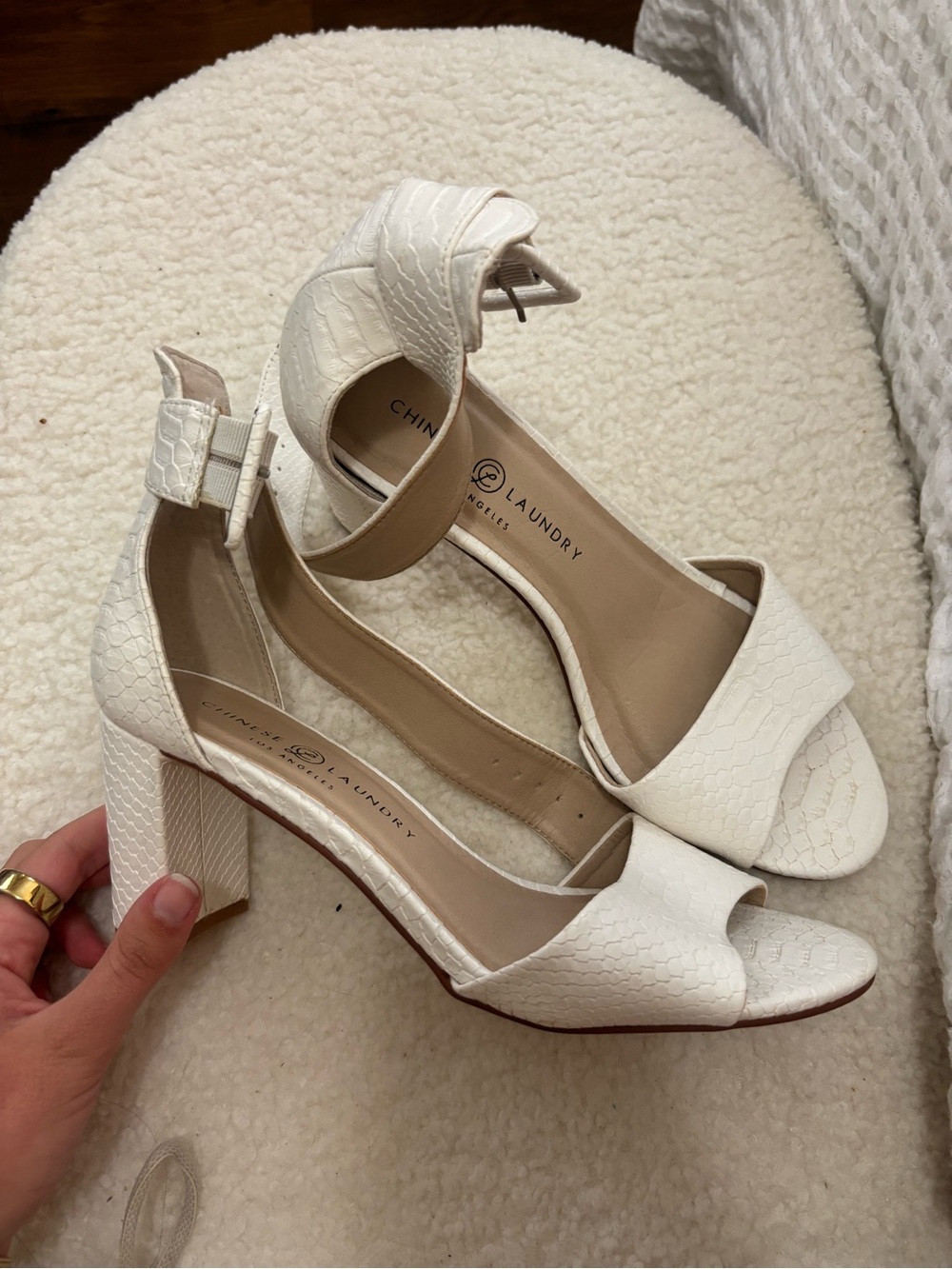 Chinese Laundry Ivory Textured Block Heel Sandals